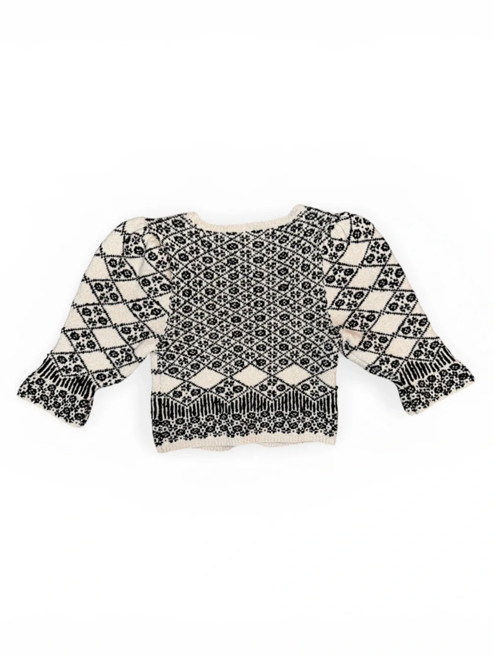 FREE PEOPLE GEO FLORAL KNIT CARDIGAN BLACK CREAM CROPPED BOHO **NWT** - Picture 8 of 15